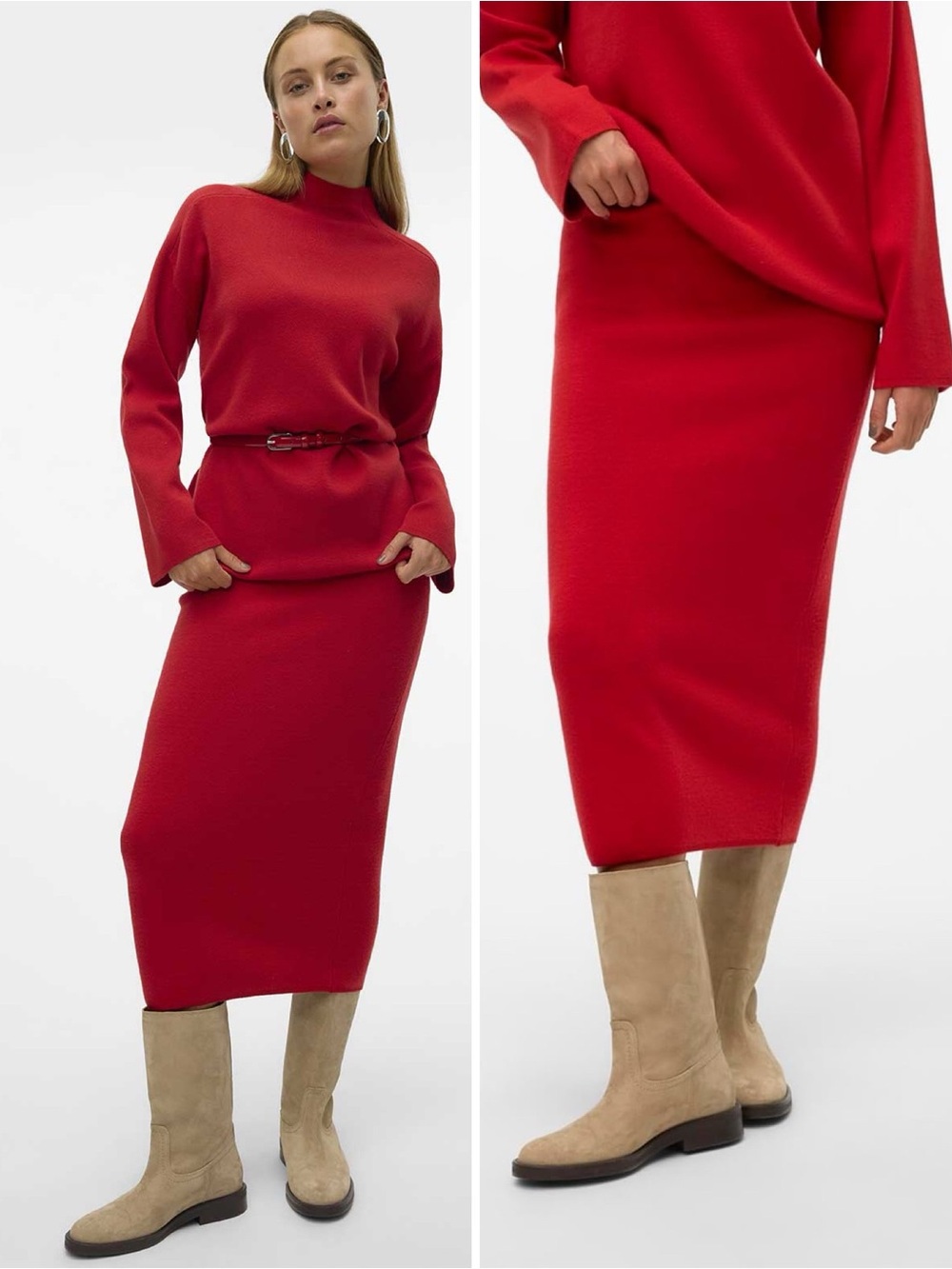 Vero Moda Gold Knit Midi Pencil Skirt in Salsa XS Red NEW WITH TAGS NWT